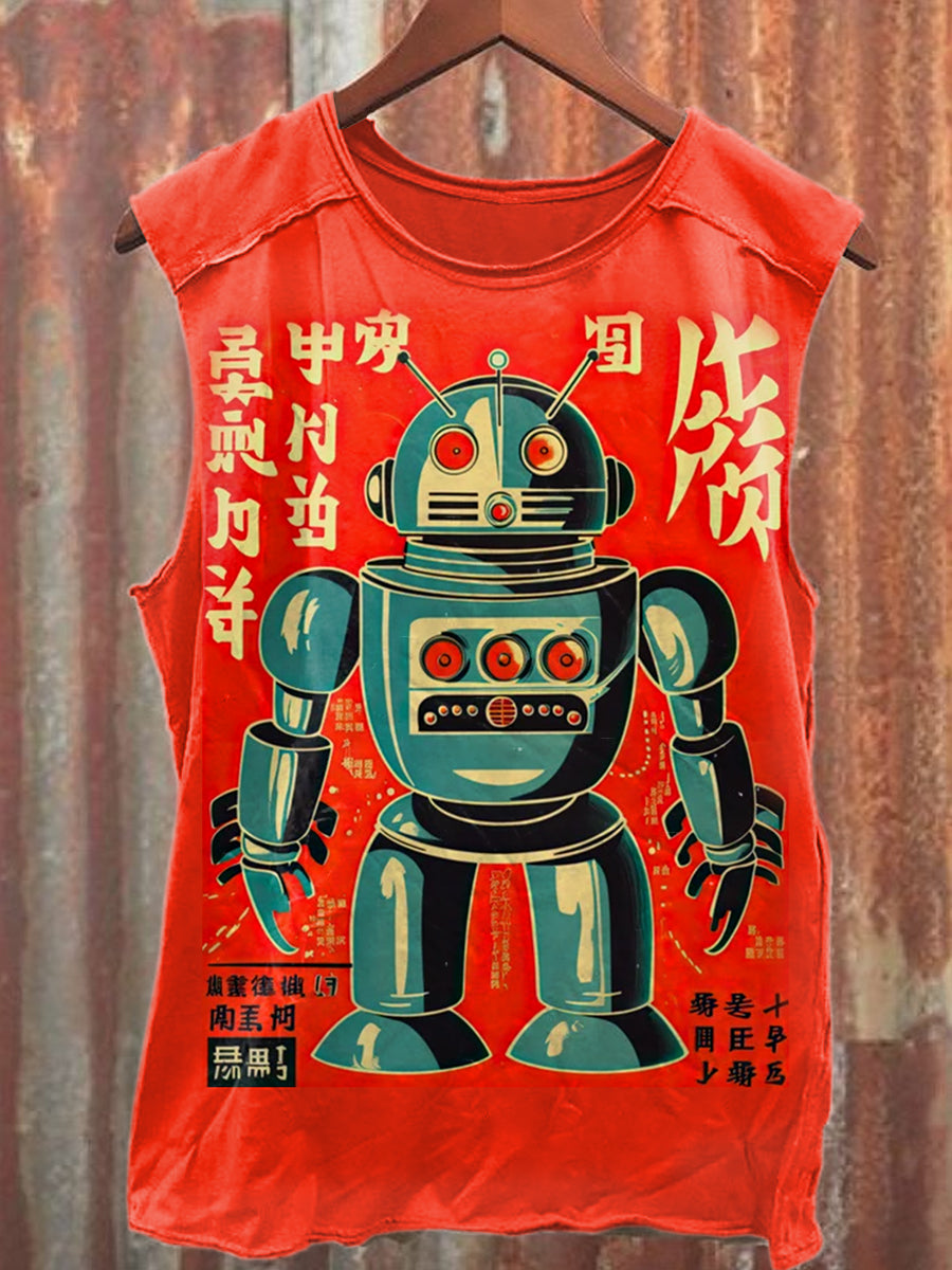 Retro Robot Art Print Casual Cotton Tank Top