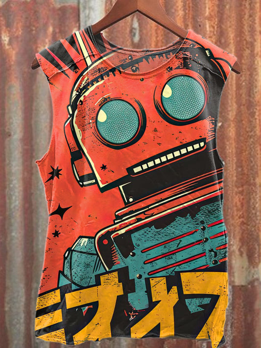 Retro Robot Art Print Casual Cotton Tank Top