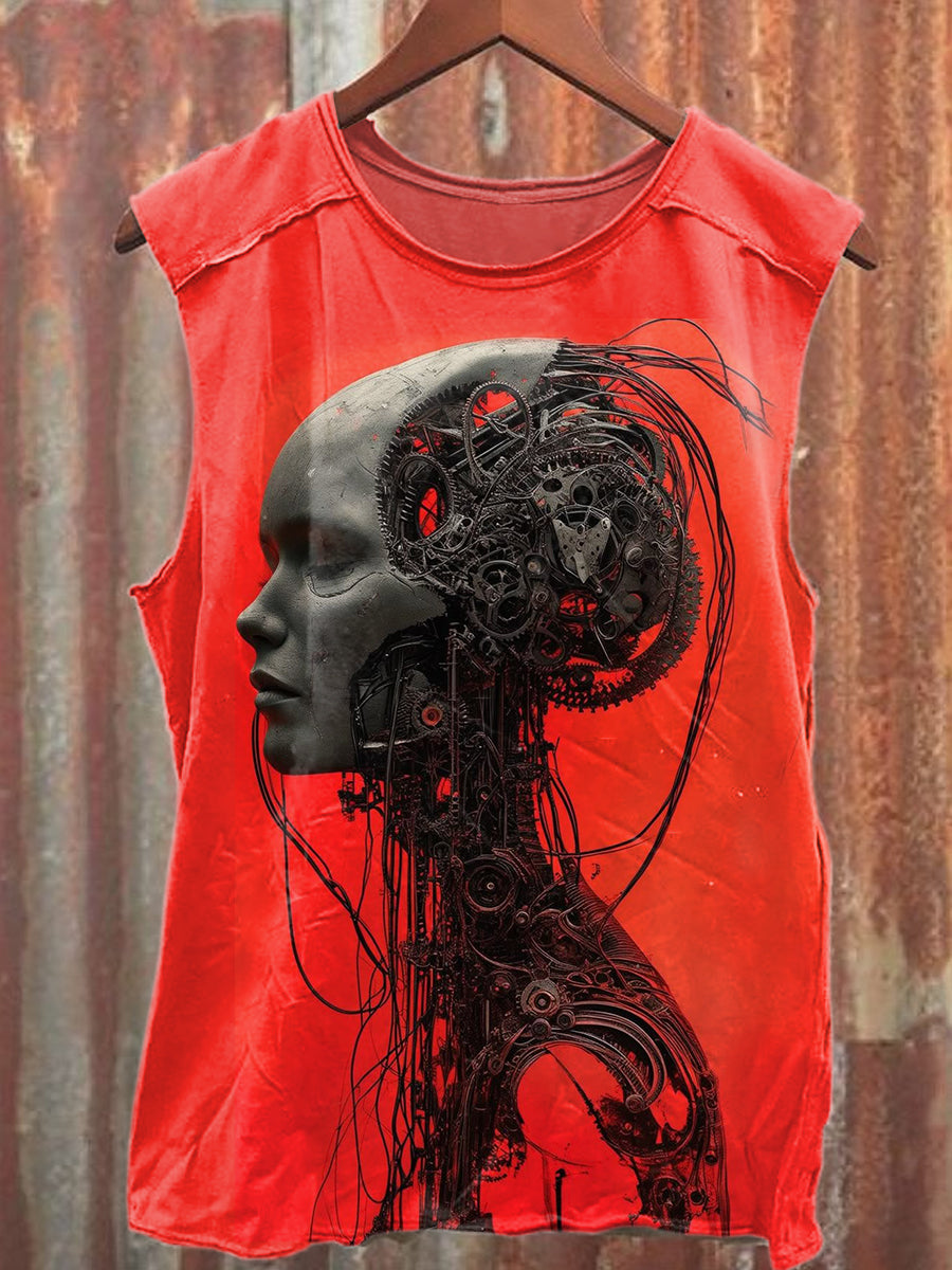 Retro Robot Art Print Casual Cotton Tank Top