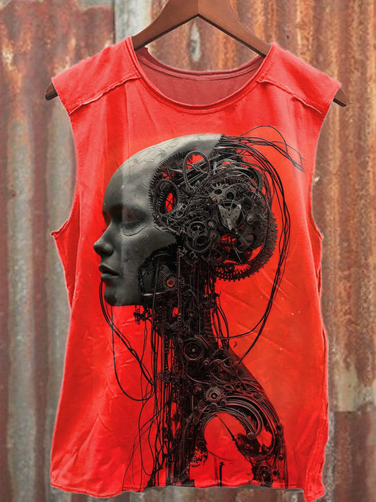 Retro Robot Art Print Casual Cotton Tank Top