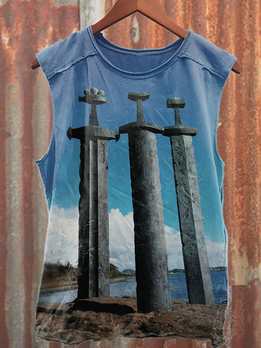 Retro Stavanger Pirate Sword Print Casual Tank Top