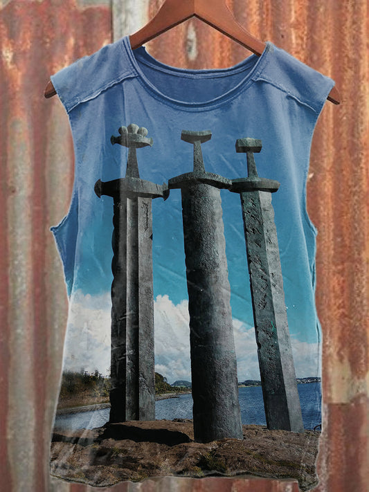 Retro Stavanger Pirate Sword Print Casual Tank Top