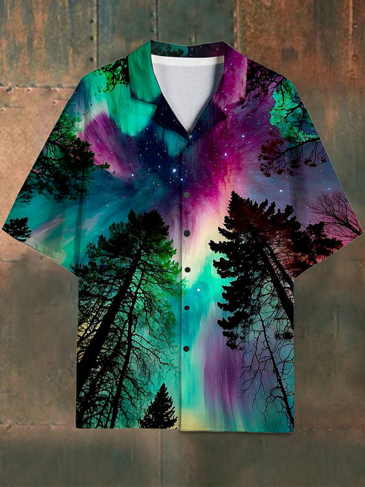 Men's Vintage Aurora Pattern Stand Collar Short Sleeve Shirt