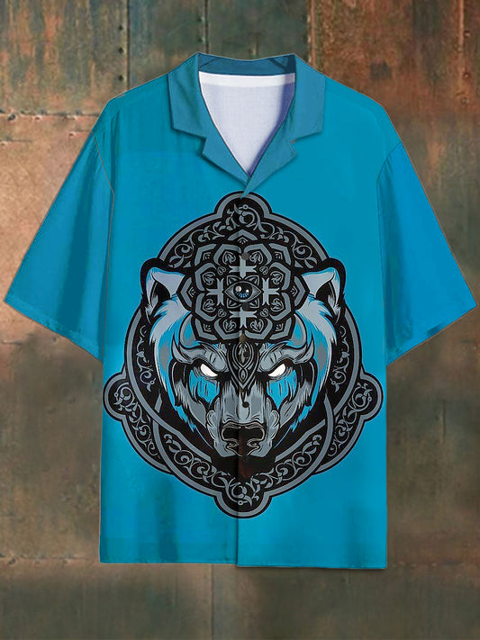 Men's Vintage Viking Pattern Stand Collar Short Sleeve Shirt