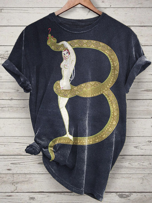 Snake Printed Vintage Fashion Loose Short Sleeve T-Shirt