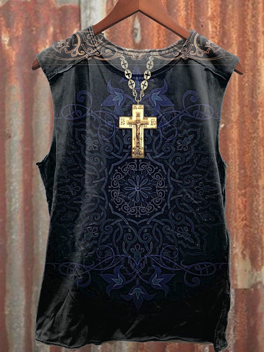 Vintage Cross Art Print Cotton Tank Top