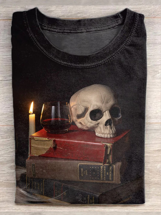 Vintage Skull Book Art Print Cotton T-Shirt