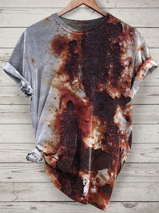 Rust Printed Vintage Fashion Loose Short Sleeve T-Shirt