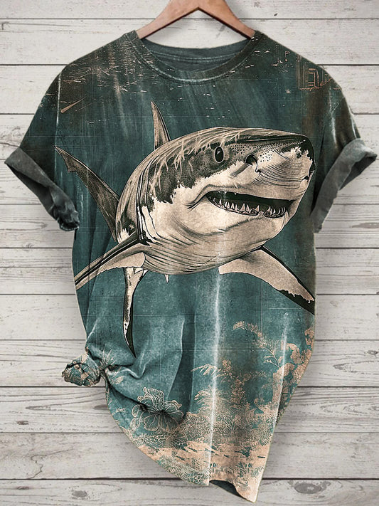 Unisex Shark Printed Vintage Fashion Loose Short Sleeve T-Shirt