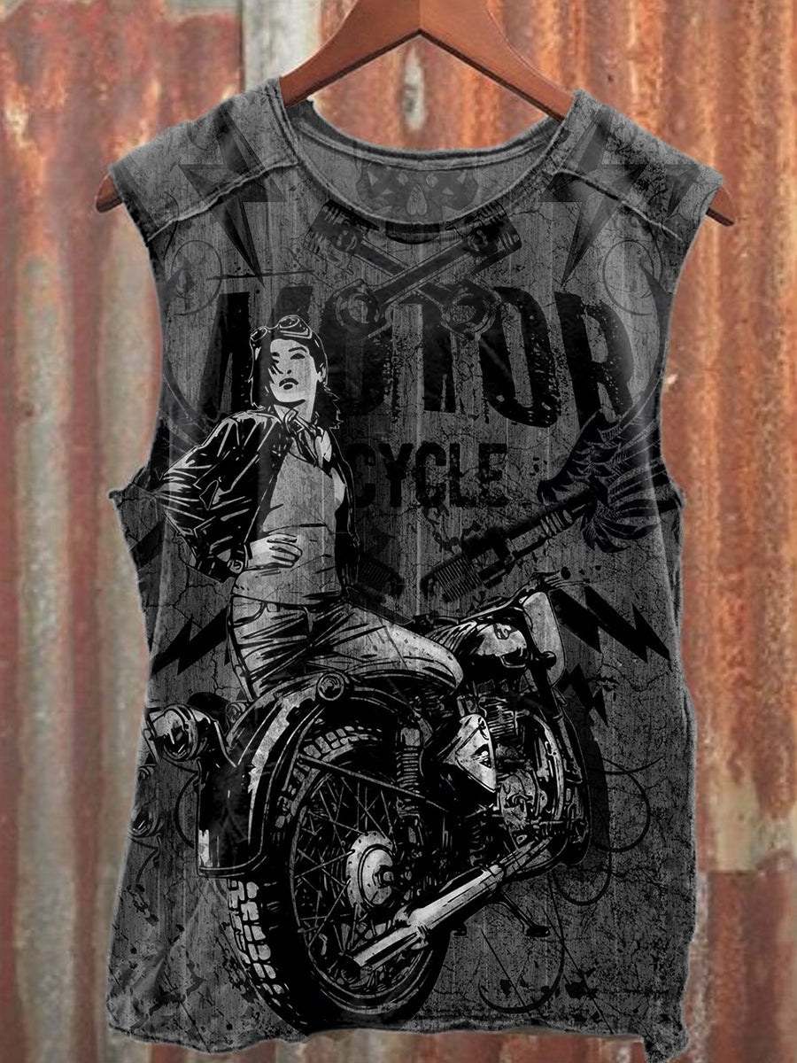 Retro Style Motorcycle Slogan Printed Casual Loos Tank Top