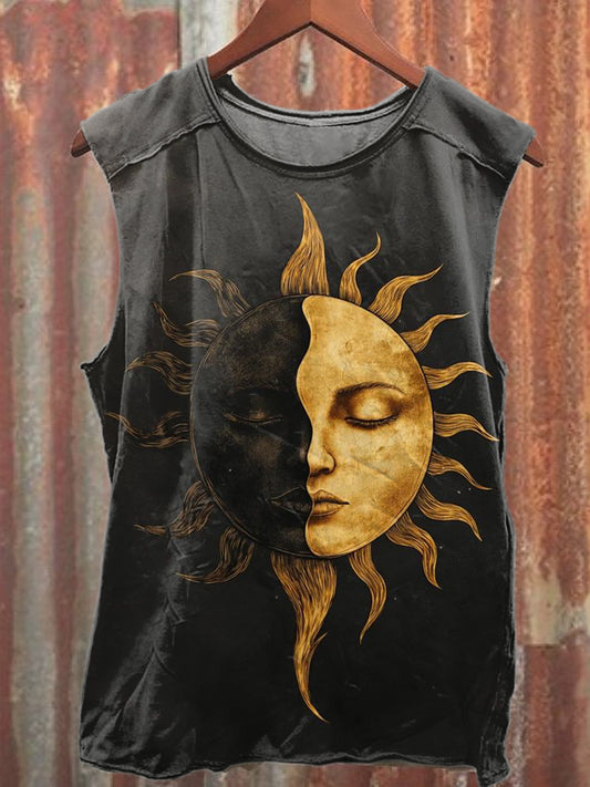Retro Spirit Sun and Moon Art Print Casual Cotton Tank Top