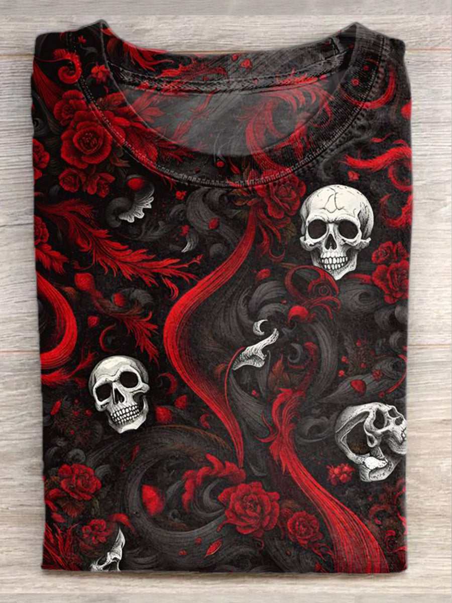 Retro Floral Skull Art Print Casual Loose T-shirt