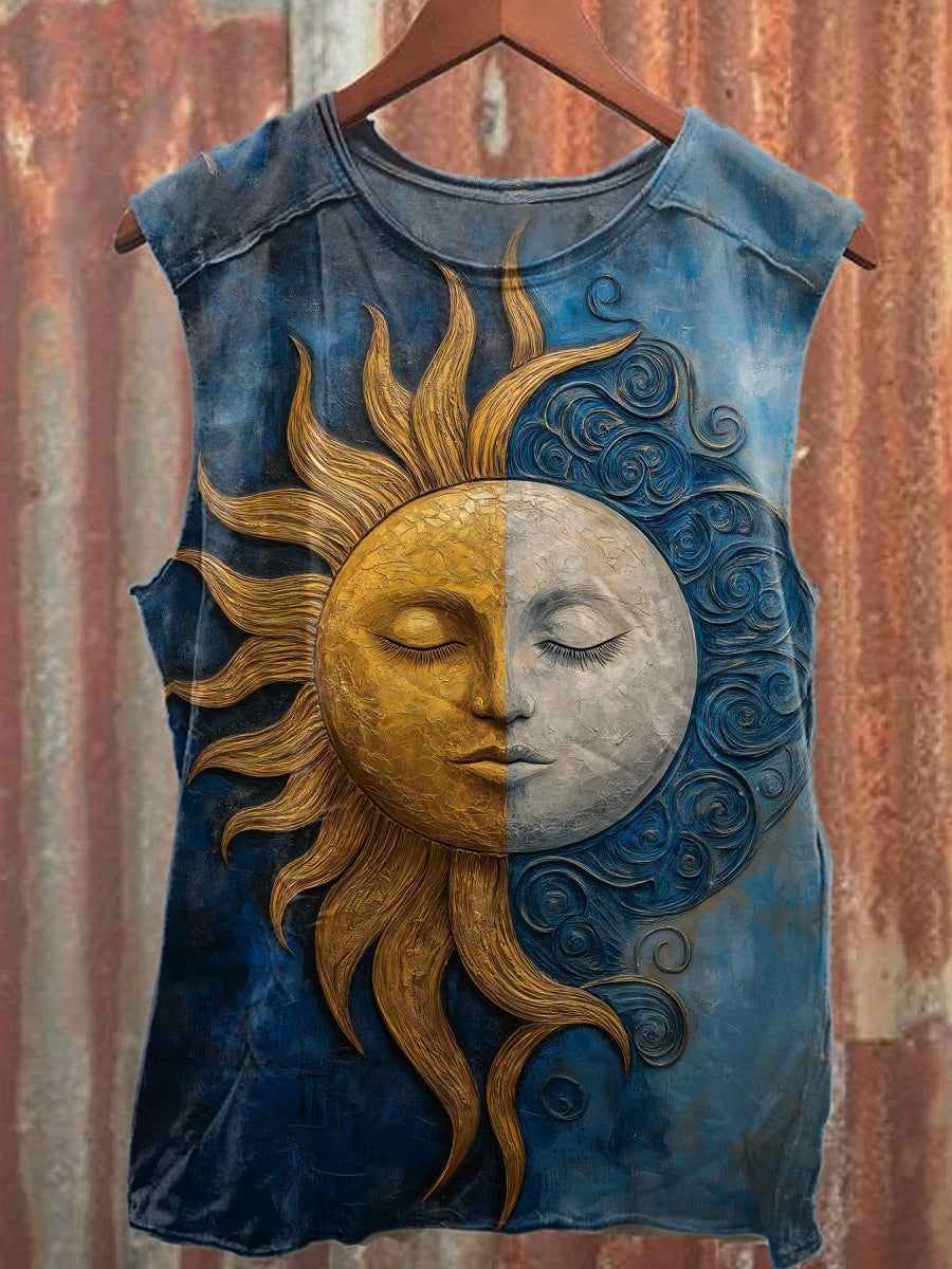 Retro Spirit Sun and Moon Art Print Casual Cotton Tank Top