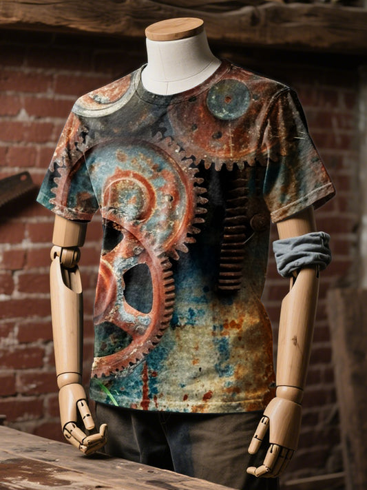 Industrial Style Rusty Mechanical Print Casual Loose T-Shirt