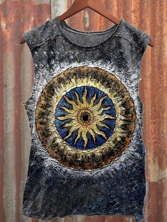 Retro Spirit Sun Art Print Casual Cotton Tank Top