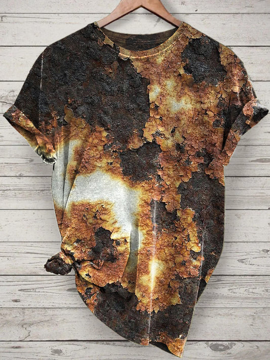 Rust Printed Vintage Fashion Loose Short Sleeve T-Shirt