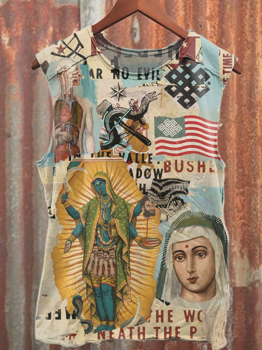 Retro Graffiti Collage Art Print Casual Cotton Tank Top