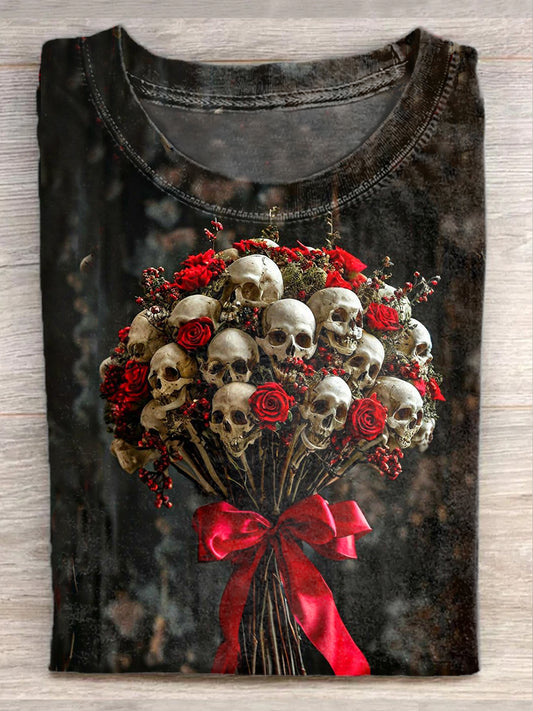 Skull Bouquet Illustration Printed Casual Cotton T-shirt