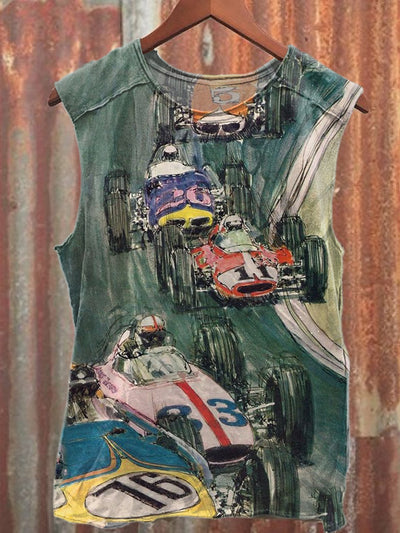 Retro Racing Competition Printed Casual Cotton Tank Top