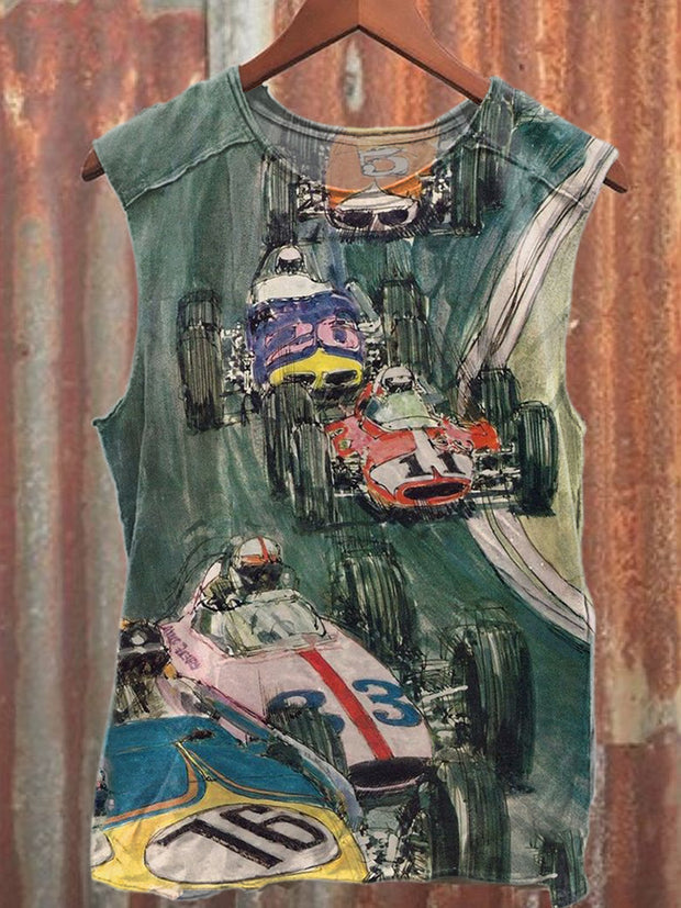 Retro Racing Competition Printed Casual Cotton Tank Top