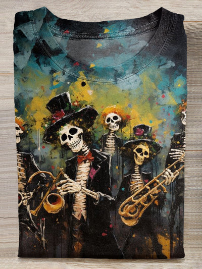 Retro Skeleton Band Print Casual Cotton T-Shirt