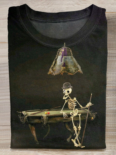 Retro Billiard Skull Illustration Printed Casual Cotton T-Shirt