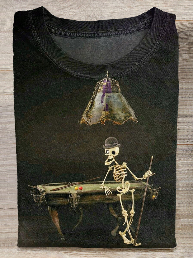 Retro Billiard Skull Illustration Printed Casual Cotton T-Shirt