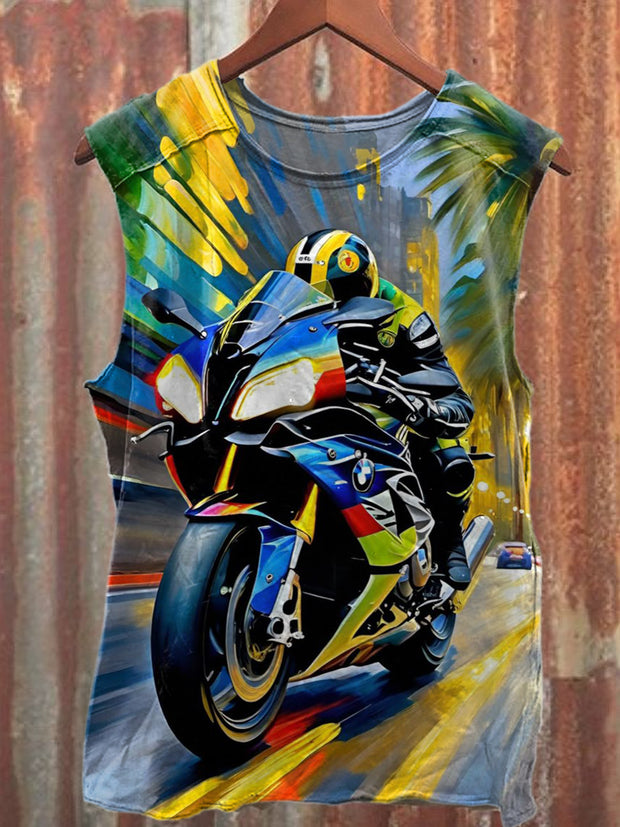 Retro Motorcycle Race Printed Casual Cotton Tank Top