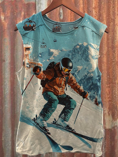 Retro Ski Print Casual Cotton Tank Top