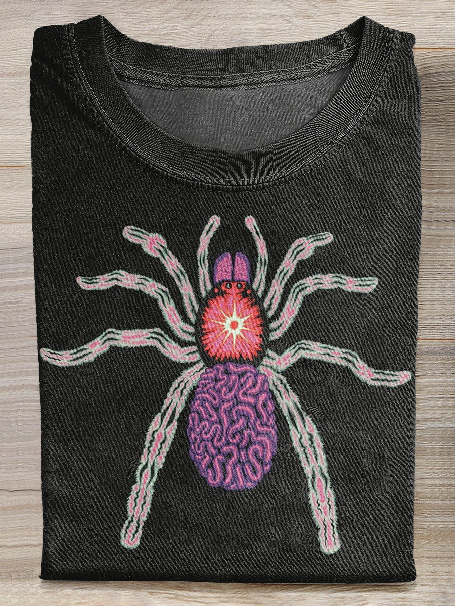 Retro Spider Graffiti Print Casual Cotton T-Shirt