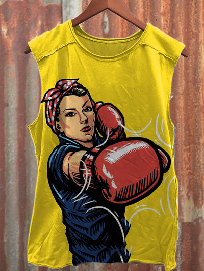 Vintage Boxing Print Casual Cotton Tank Top