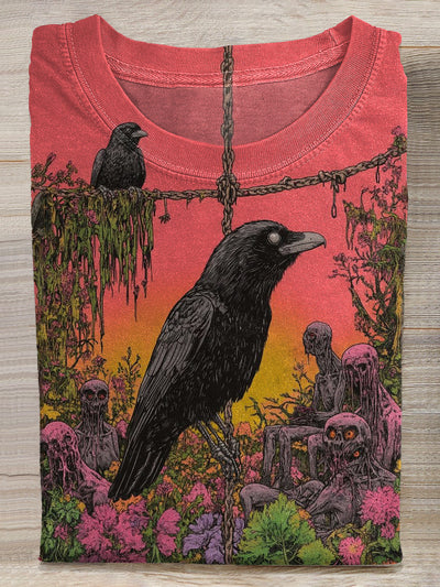 Vintage Crow Print Casual Cotton T-Shirt