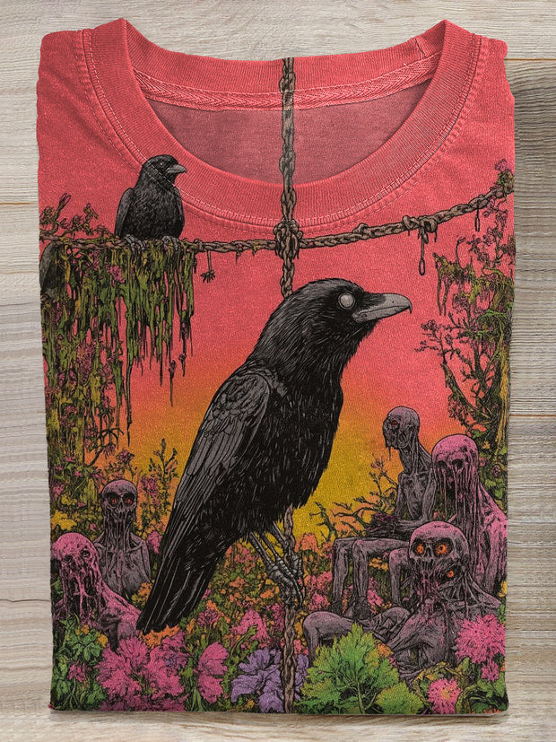 Vintage Crow Print Casual Cotton T-Shirt