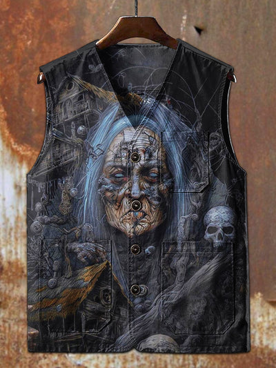 Retro Witch Print Casual Vest Jacket