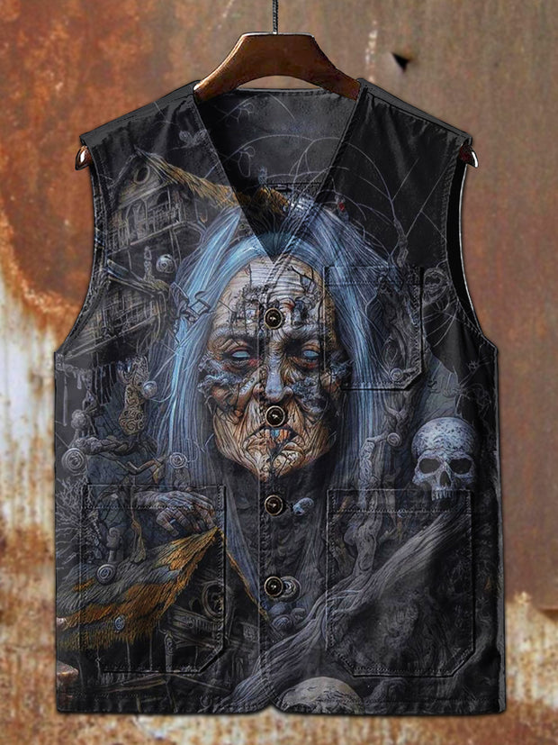 Retro Witch Print Casual Vest Jacket