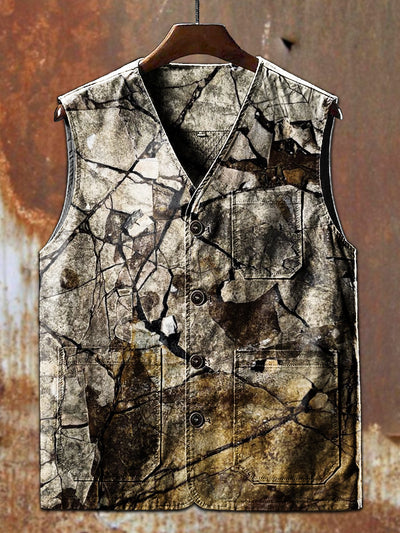 Vintage Textured Print Casual Vest Jacket