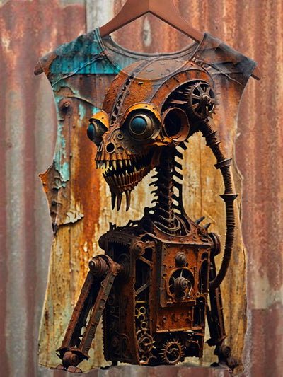 Vintage Rust Robot Printed Casual Cotton Loose Tank Top