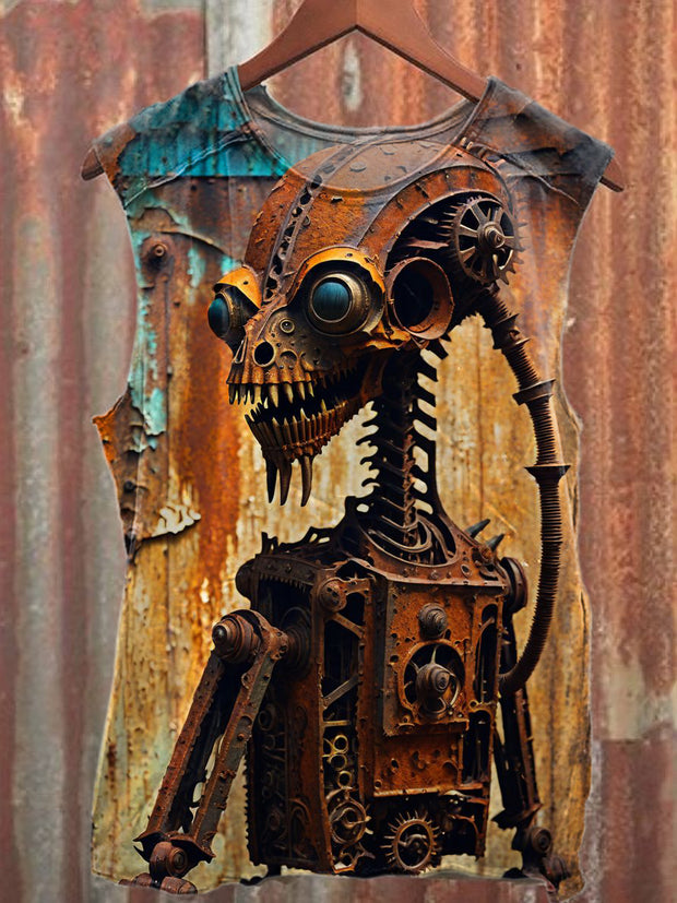 Vintage Rust Robot Printed Casual Cotton Loose Tank Top