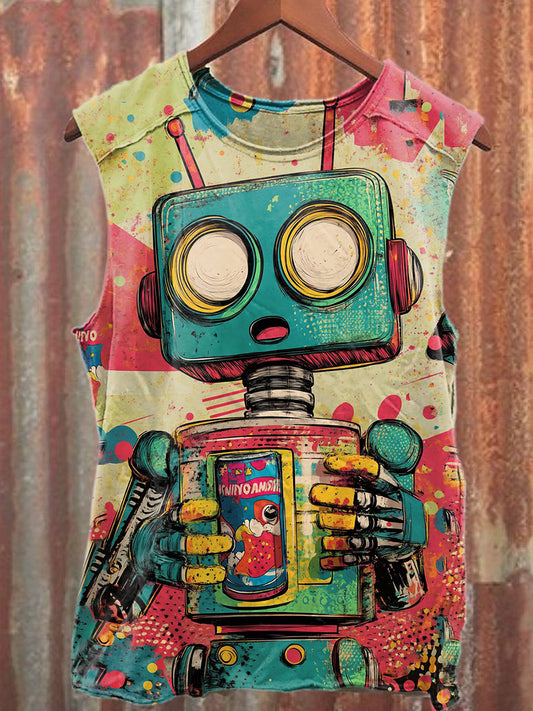 Retro Robot Graffiti Art Print Casual Cotton Tank Top
