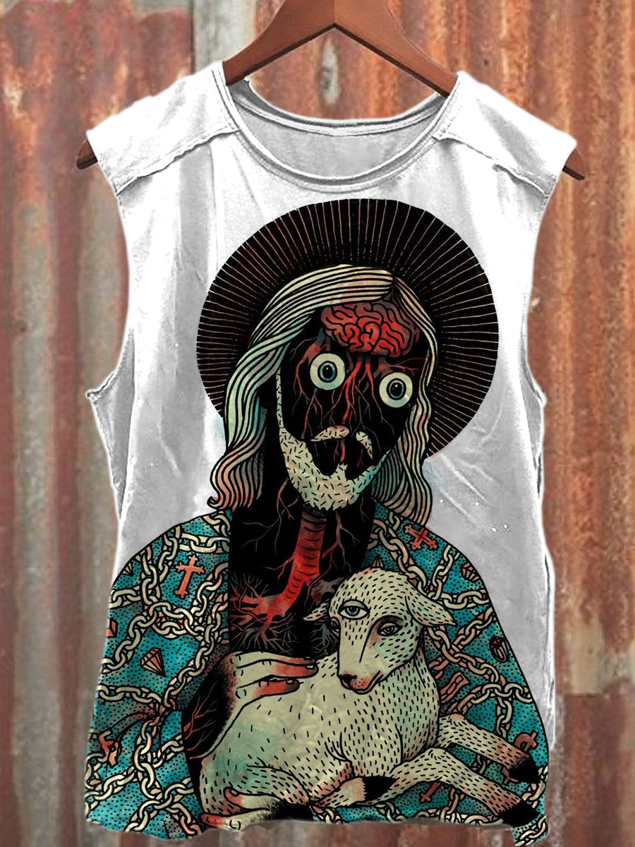 Vintage Jesus Graffiti Print Casual Cotton Tank Top