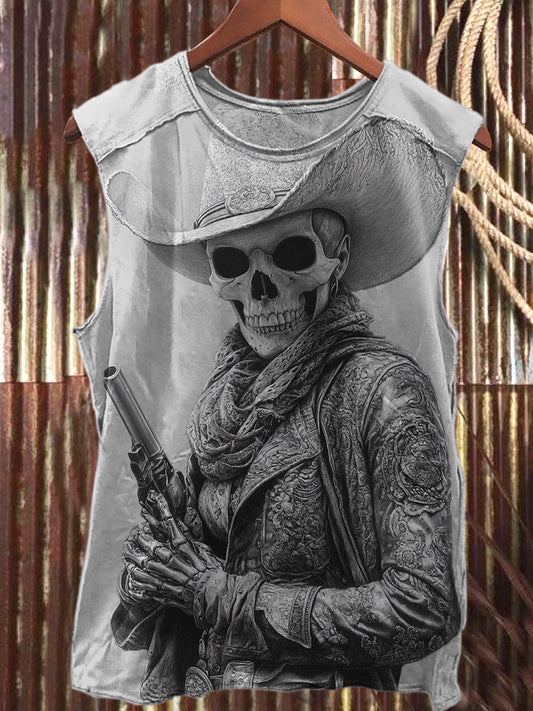 Retro Western Skull Print Casual Cotton Tank Top
