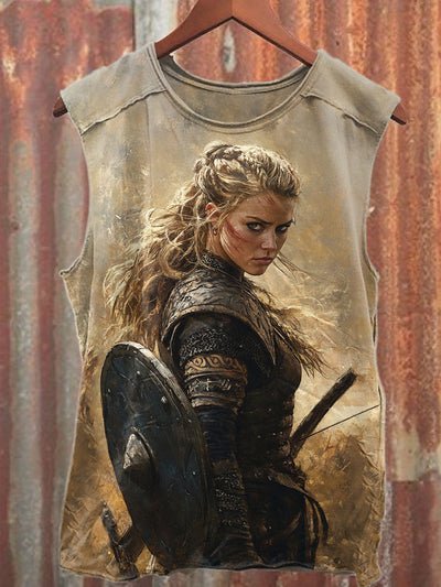 Nordic Female Warrior Print Casual Cotton Loose Tank Top