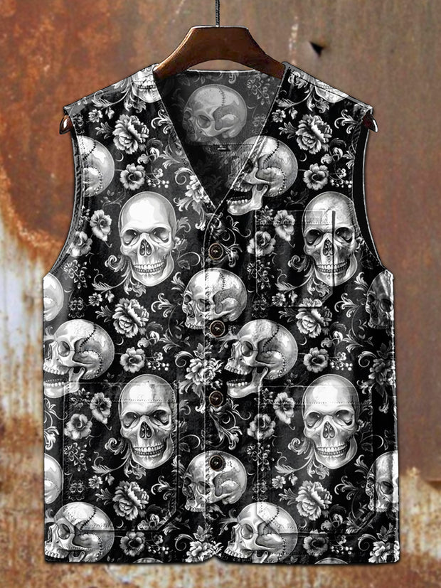 Workwear Style Skull Graffiti Print Casual Vest Jacket
