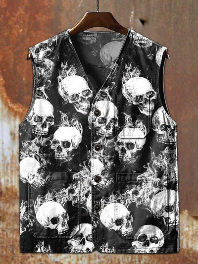 Workwear Style Skull Graffiti Print Casual Vest Jacket