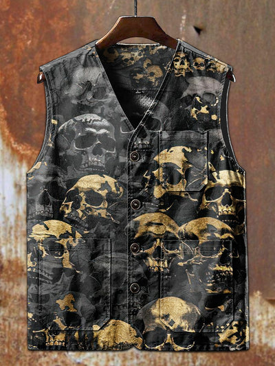 Workwear Style Skull Graffiti Print Casual Vest Jacket