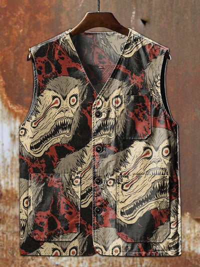 Workwear Style Skull Graffiti Print Casual Vest Jacket