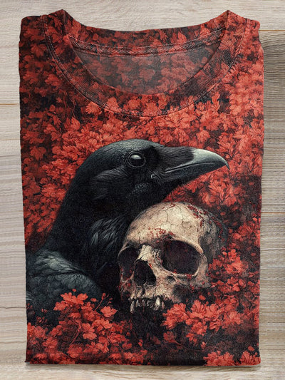 Vintage Crow Skull Print Casual Cotton T-Shirt