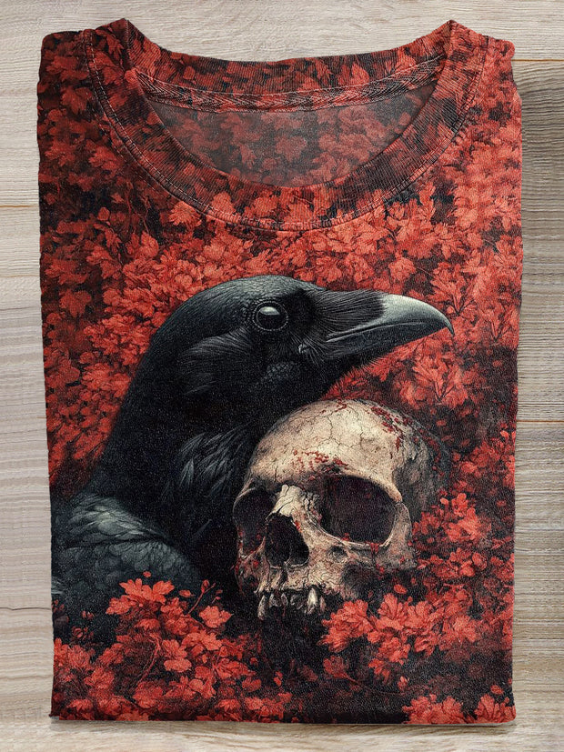 Vintage Crow Skull Print Casual Cotton T-Shirt