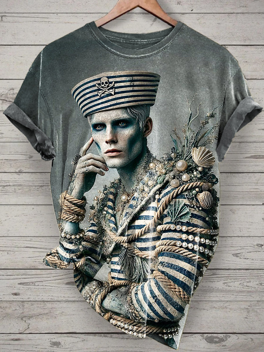 Navy Printed Vintage Fashion Loose Short Sleeve T-Shirt