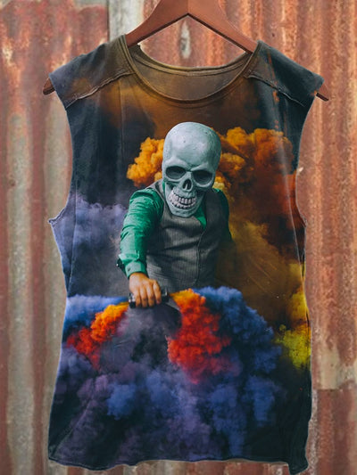 Retro Smoke Bomb Skull Print Loose Casual Tank Top